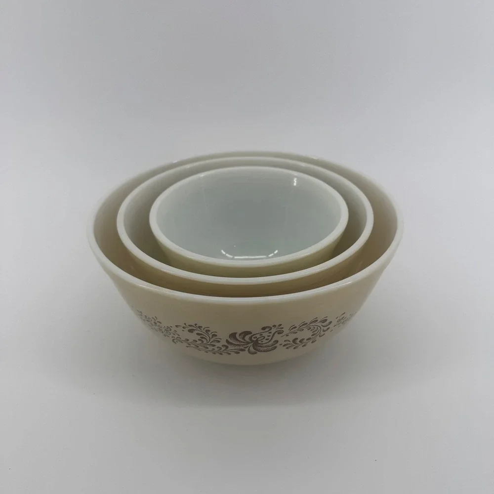 Vintage Pyrex Homestead Milk Glass 3 Piece Mixing Bowl Set in Box Brown Floral